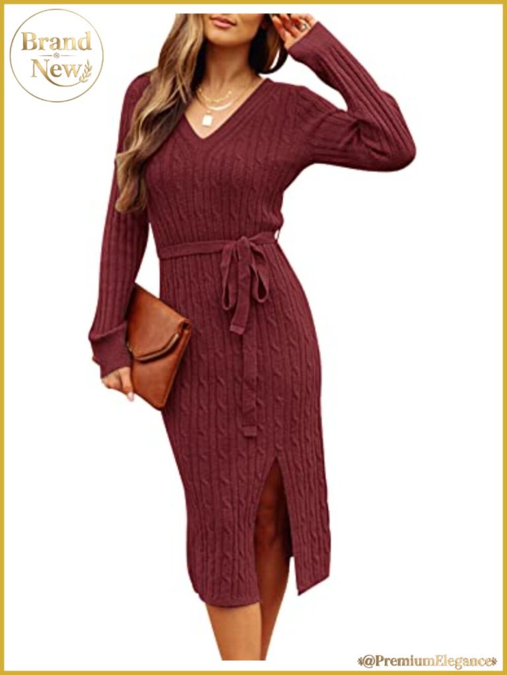 Womens Cable Knit Midi Sweater Dress V Neck Long Sleeve Belted Bodycon